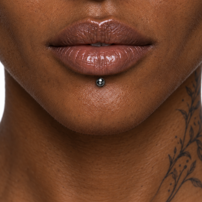 Labret piercing jewelry placement