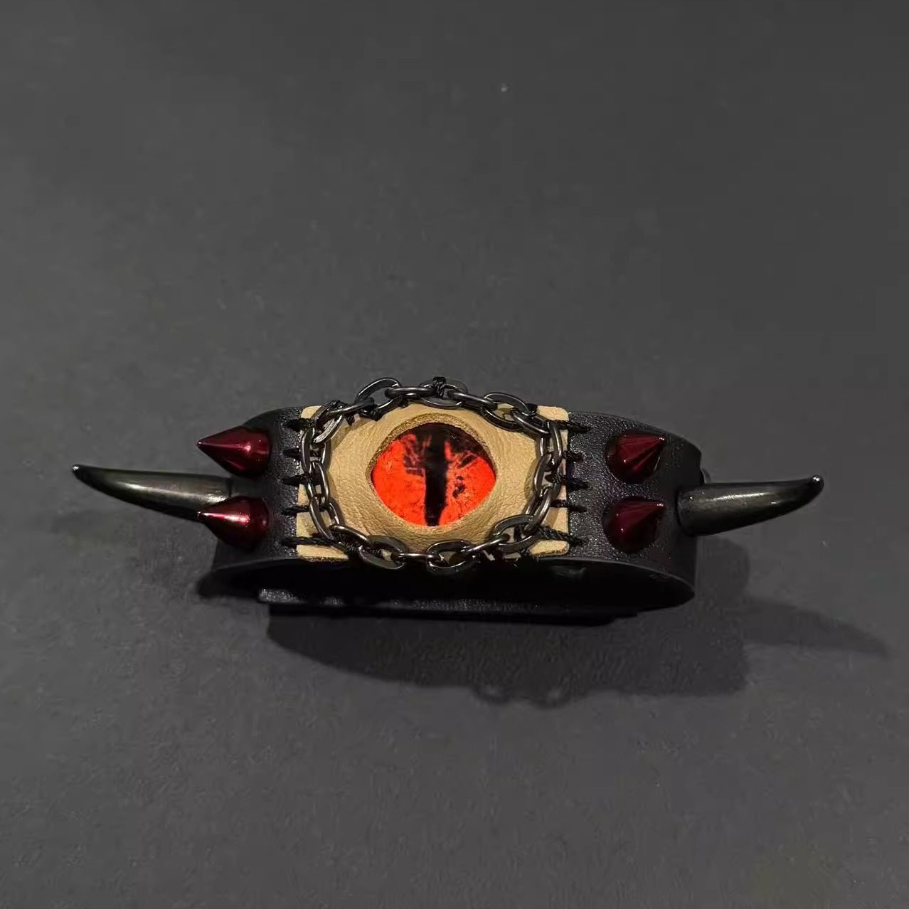 Gothic Dragon Eye Leather Bracelet - Spiked Punk Wristband - Realistic Demon Eyeball Cuff