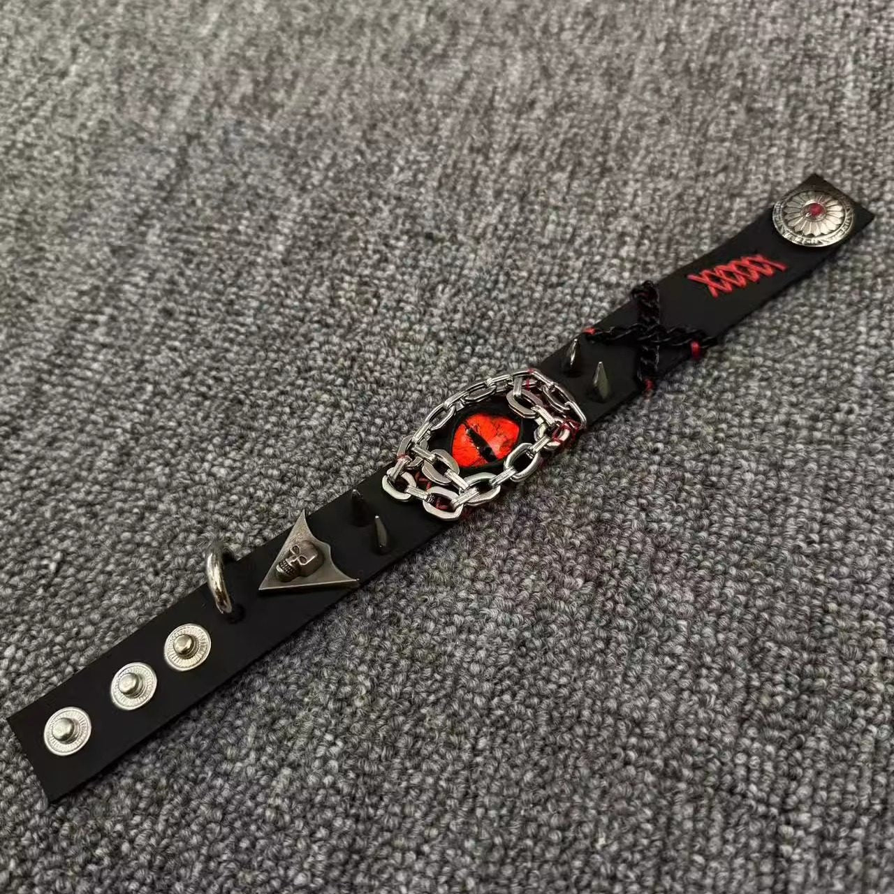 Gothic Black Leather Stitched Bracelet - Red Dragon Eye Cuff with Skull & Cross - Dark Punk Rock Wristband