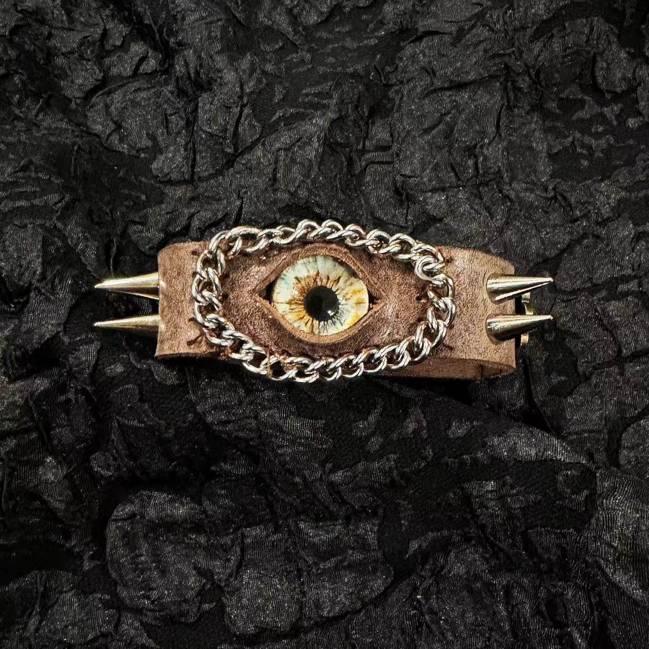 Steampunk Brown Leather Dragon Eye Bracelet - Vintage Grunge Spiked Cuff - Golden Cat Eye Wristband - Wasteland Aesthetic