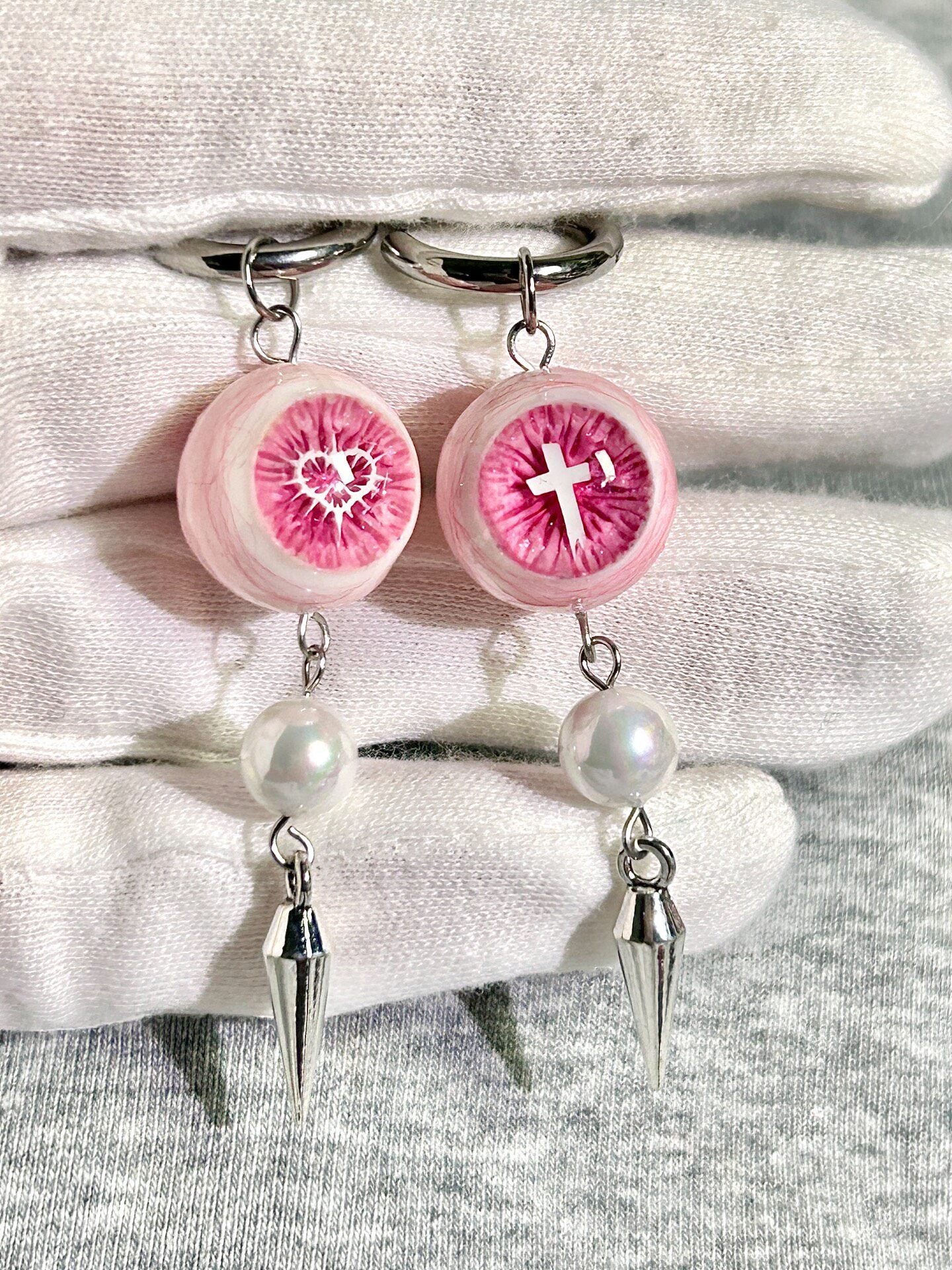 Holy Heartbreak | Pastel Goth Pink Eyeball Pearl Drop Earrings