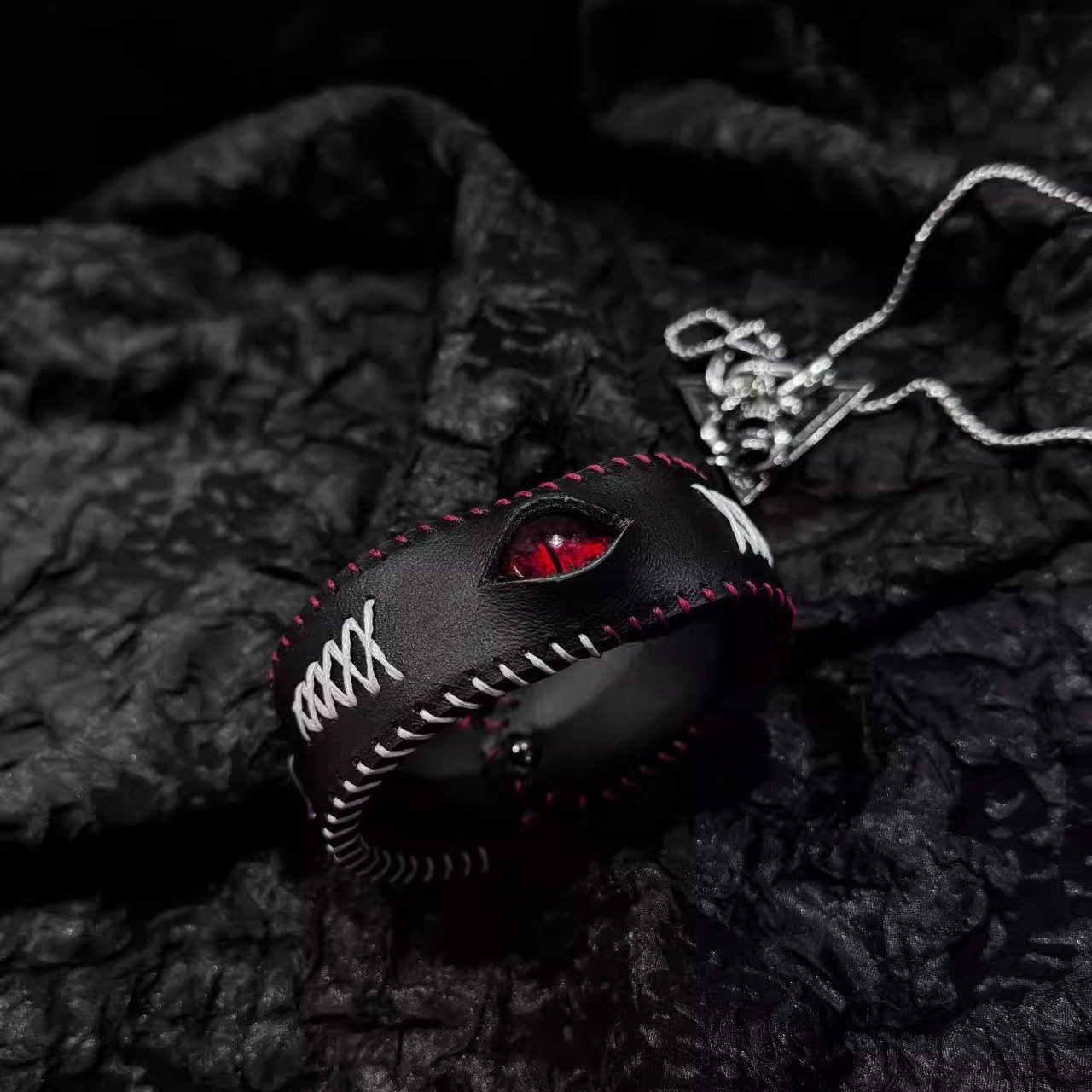 Gothic Black Leather X-Stitch Bracelet - Red Dragon Eye Cuff - Red Border & Silver Studs - Dark Ritual Wristband