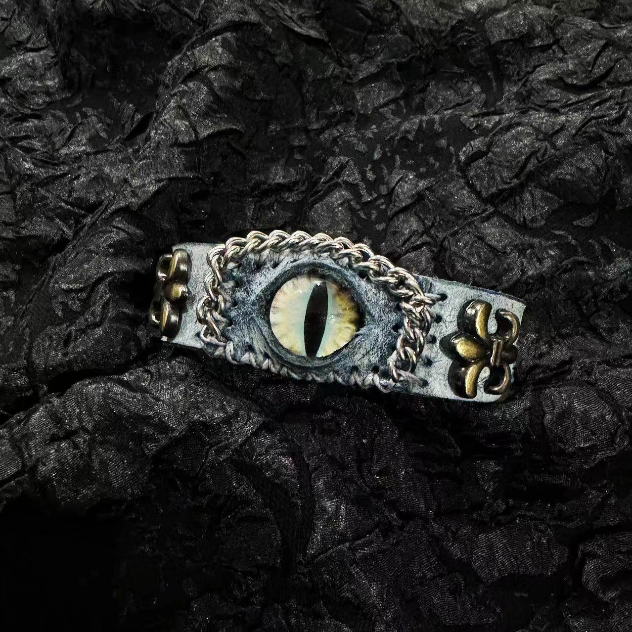 Ancient Grey Leather Dragon Eye Bracelet - Blue Runic Pattern Cuff - Nordic Viking Style Wristband - Vintage Brass Studs