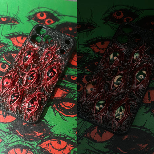 Uchiha Nightmare: Handmade Red Flesh Case with Multiple Sharingan Eyes (3D Texture) - Crux Jewelry product image 1