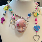 Y2K Decora Pink Doll Face Necklace with Smiley Star, Strawberry & Razor Blade Charms