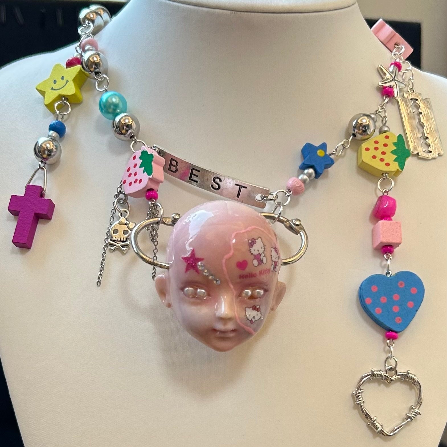 Y2K Decora Pink Doll Face Necklace with Smiley Star, Strawberry & Razor Blade Charms