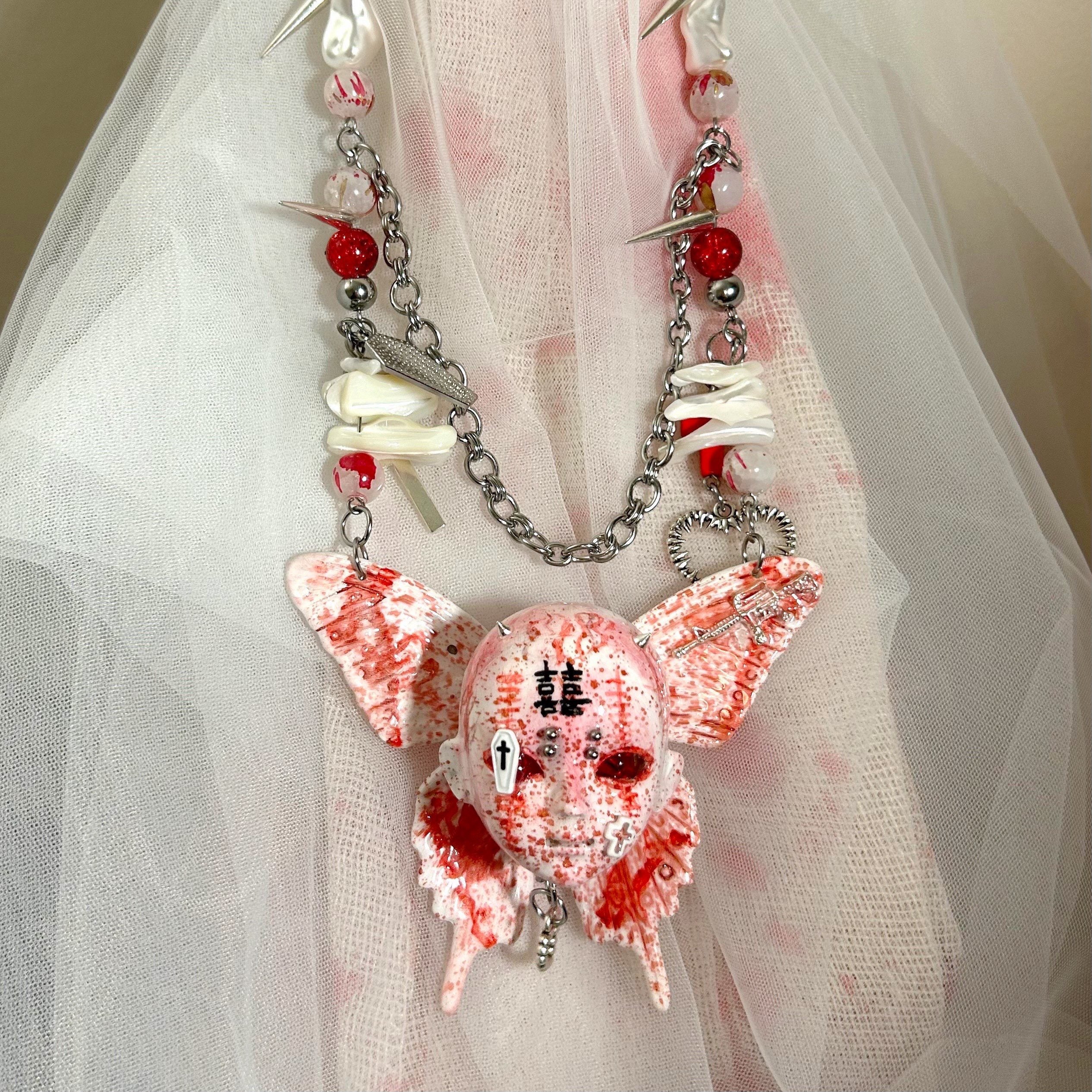 Bloody "Ghost Bride" Butterfly Doll Face Necklace - Double Happiness Symbol & Coffin Charm