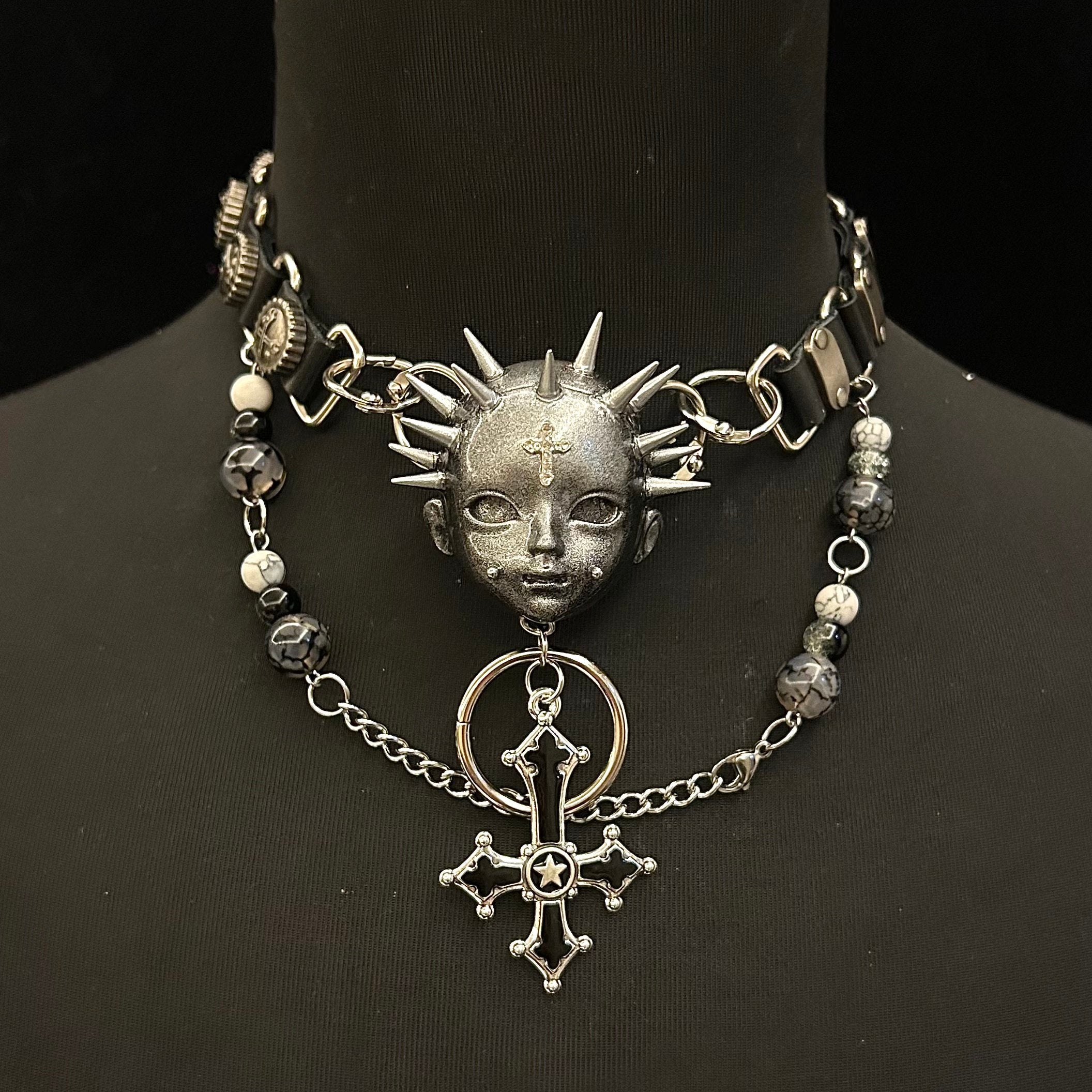 Silver Spiked Doll Face Necklace - Layered Beaded Chain & Inverted Cross Pendant
