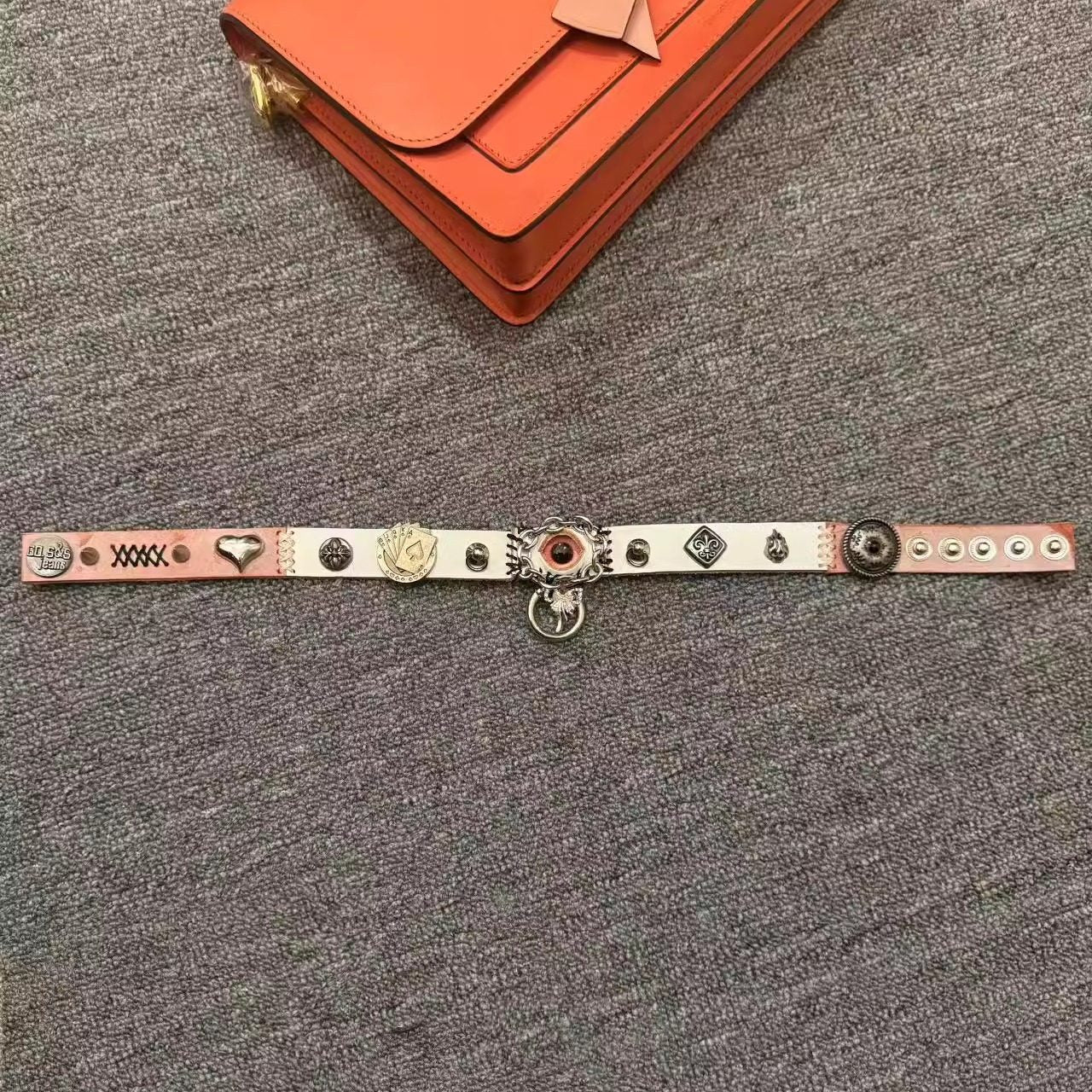 2-in-1 Pink Leather Poker Choker & Wrap Bracelet - Card Suits Charms (Heart, Spade, Diamond) - Queen of Hearts Aesthetic