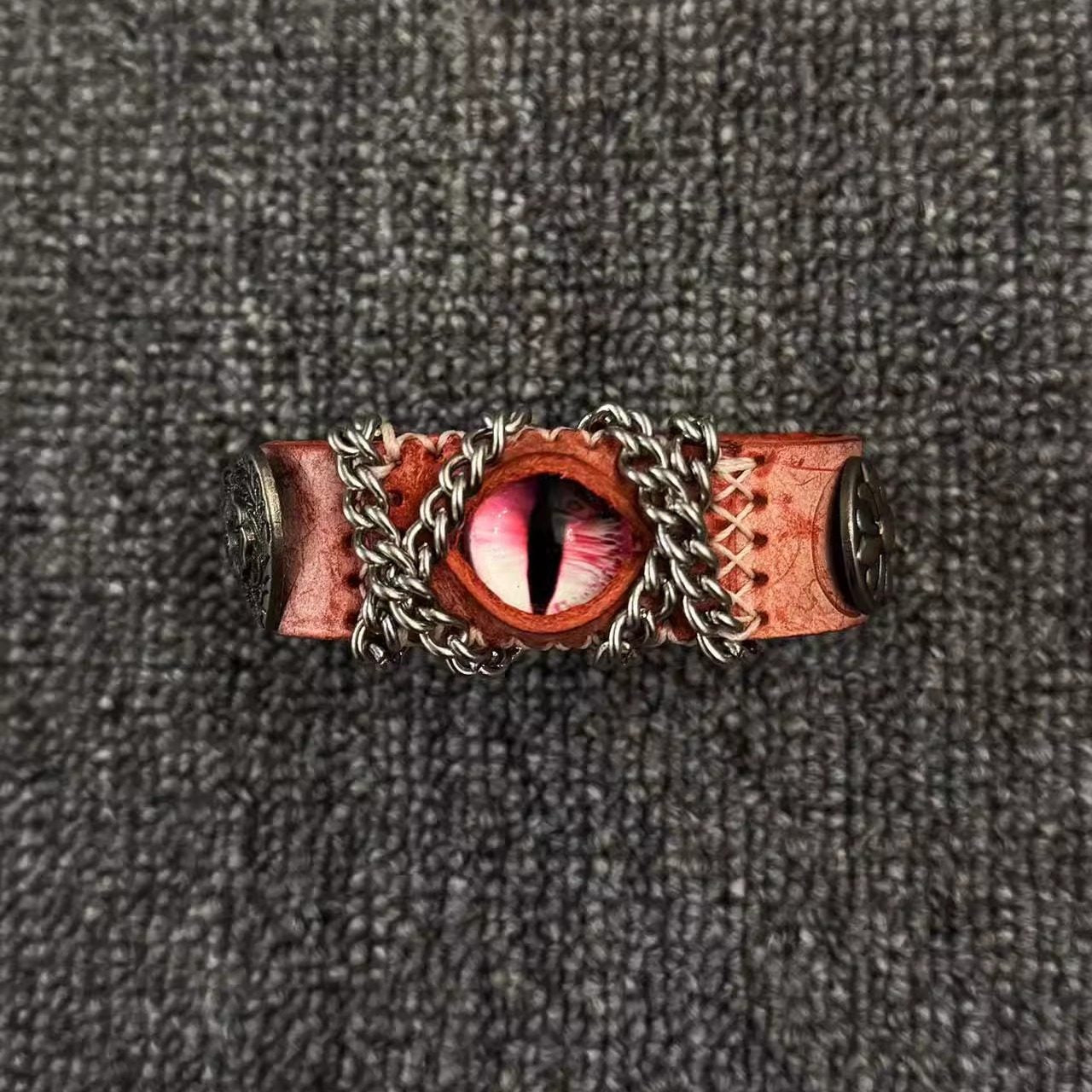 Gothic Black Leather Dragon Eye Bracelet - Large Spiked Demon Cuff - Dark Metal Chain Wristband