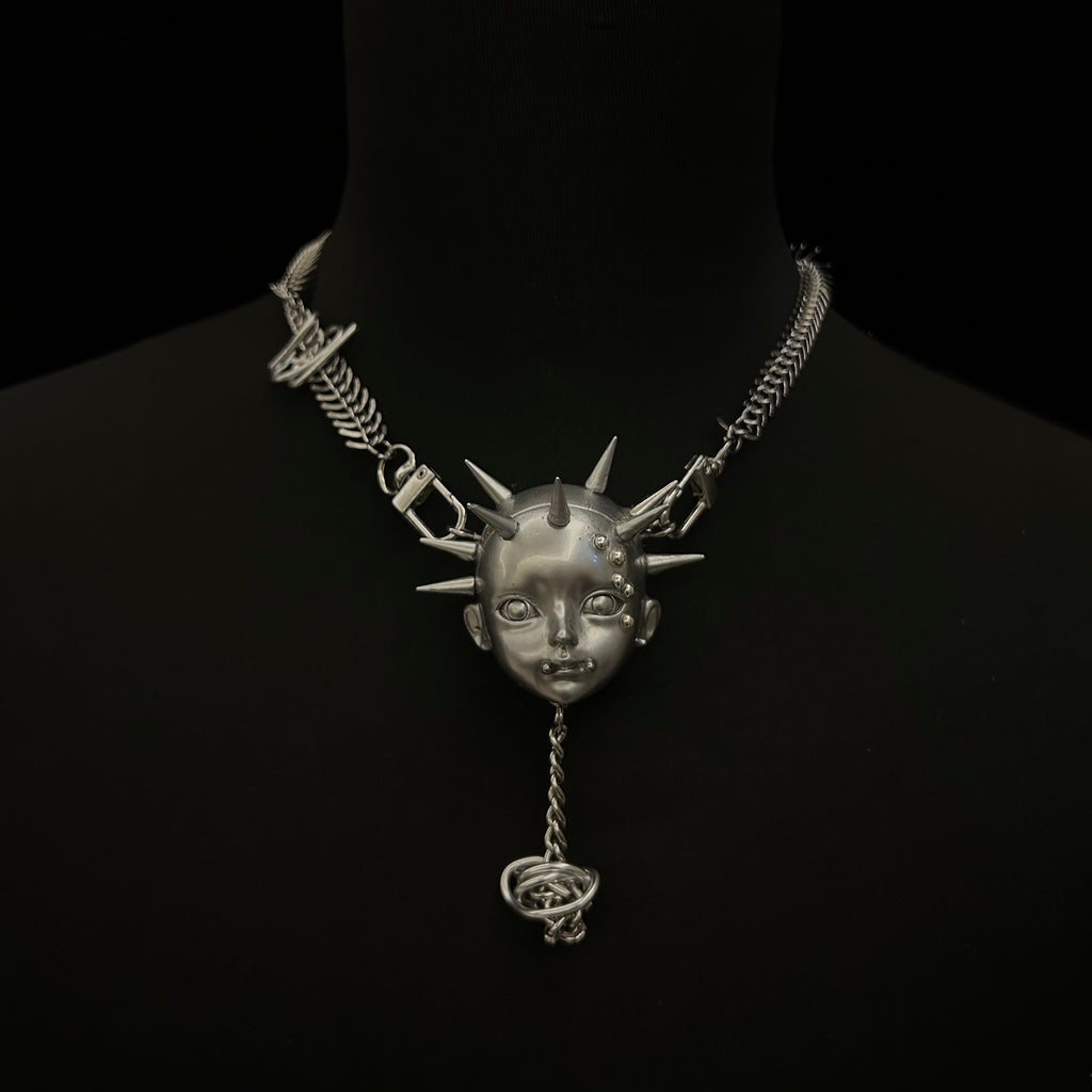 Silver Metallic Spiked Doll Face Necklace - Industrial Spine Chain & Abstract Knot Pendant