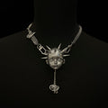 Silver Metallic Spiked Doll Face Necklace - Industrial Spine Chain & Abstract Knot Pendant