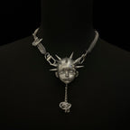 Silver Metallic Spiked Doll Face Necklace - Industrial Spine Chain & Abstract Knot Pendant
