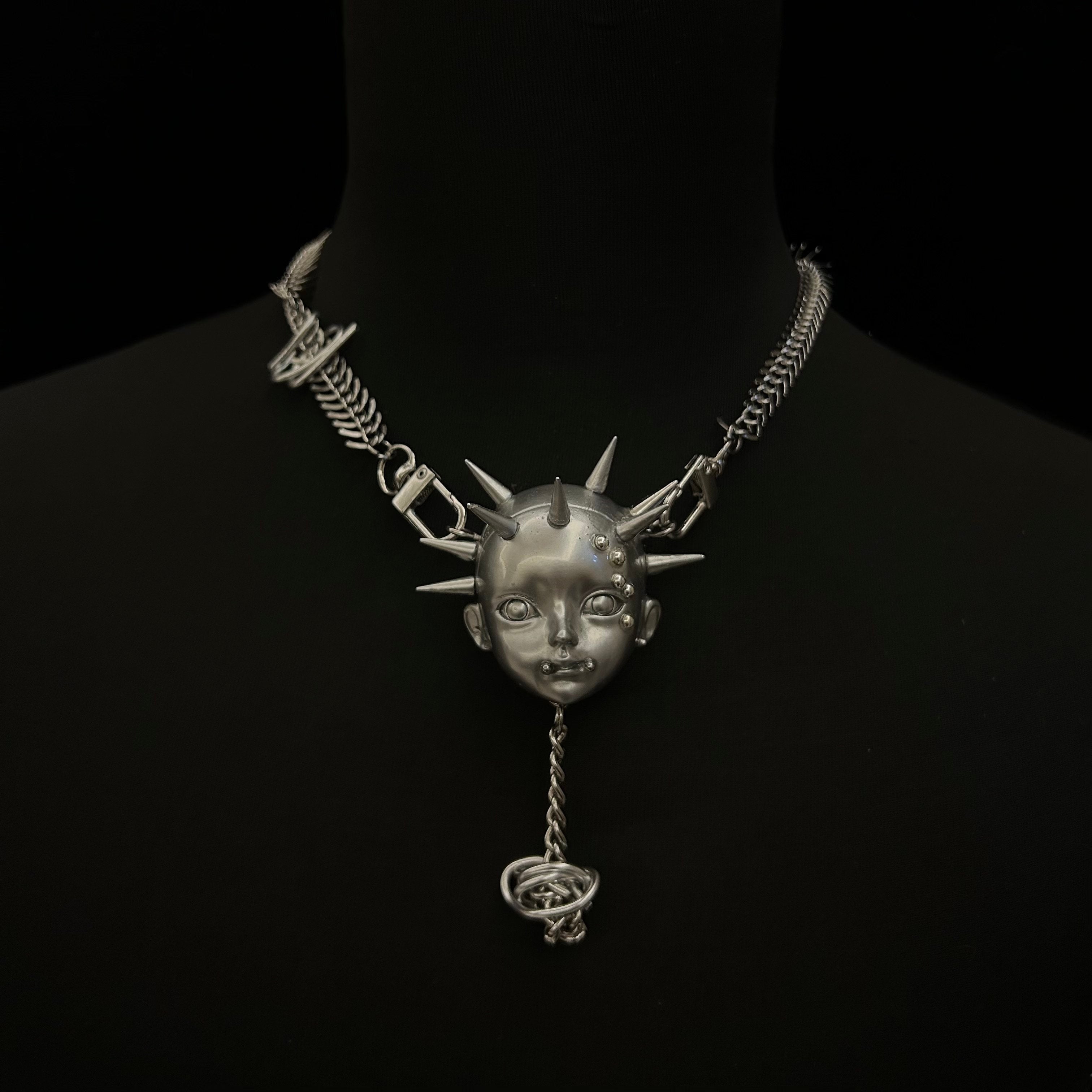 Silver Metallic Spiked Doll Face Necklace - Industrial Spine Chain & Abstract Knot Pendant