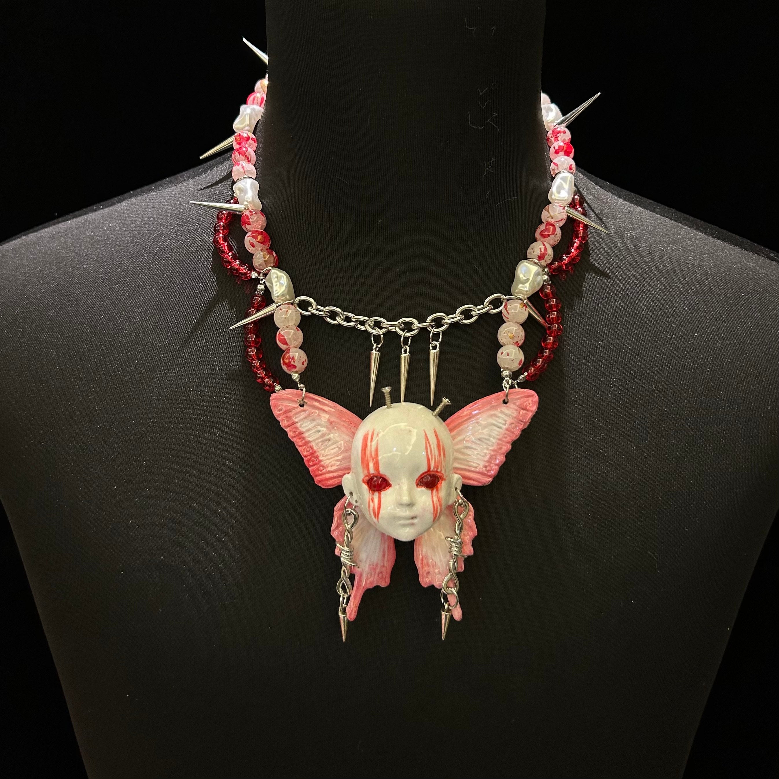 Yami Kawaii Pink Butterfly "Bleeding Eyes" Doll Face Necklace - Spikes & Blood Splatter Beads