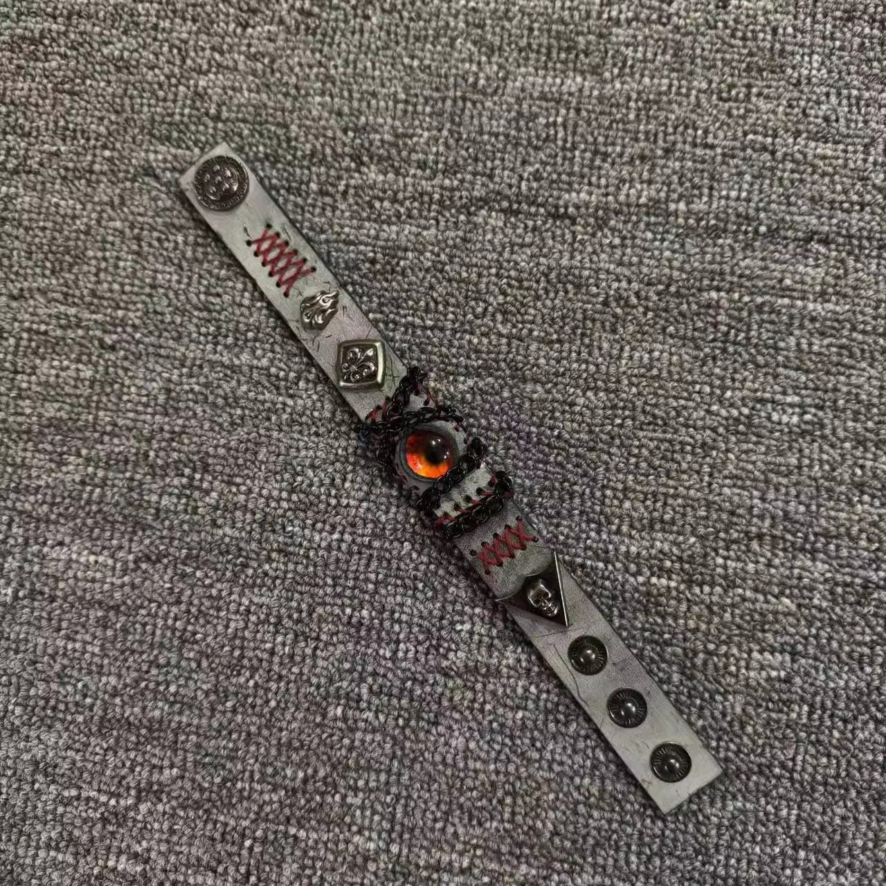 Grunge Concrete Grey Leather Stitched Bracelet - Red Dragon Eye Cuff - Industrial Punk Wristband