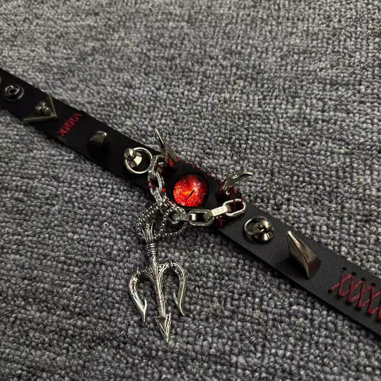 2-in-1 Gothic Black Leather Choker & Wrap Bracelet - Red Dragon Eye Necklace - Silver Trident Charm - Devil Pitchfork Jewelry