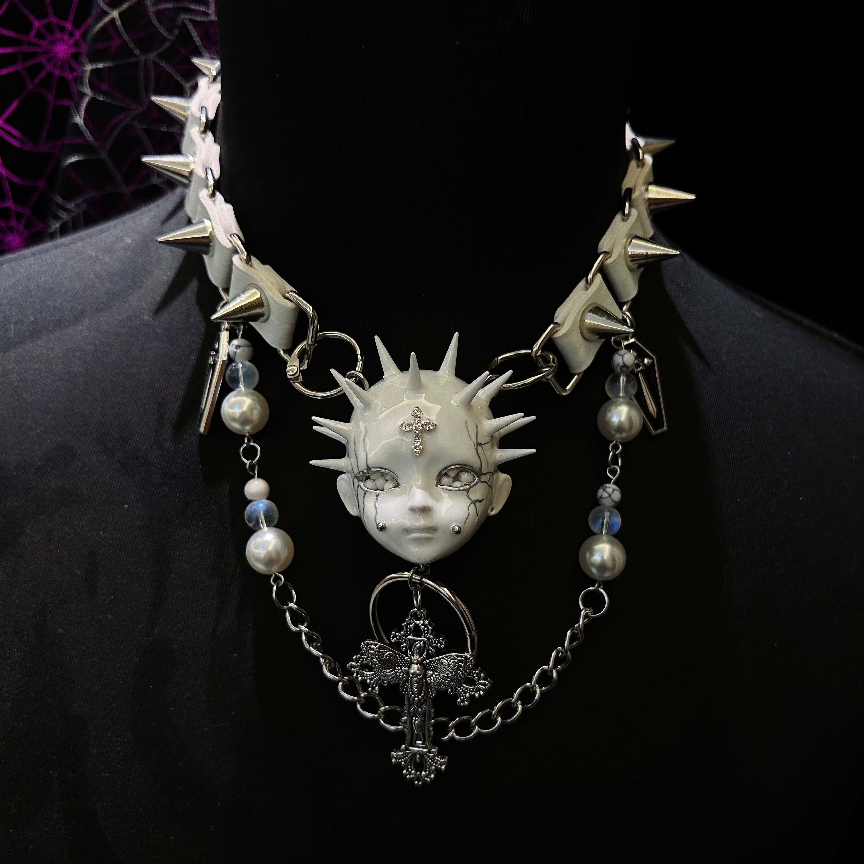 White Goth "Crying Angel" Spiked Doll Face Choker - Pearls, Coffins & Ornate Cross