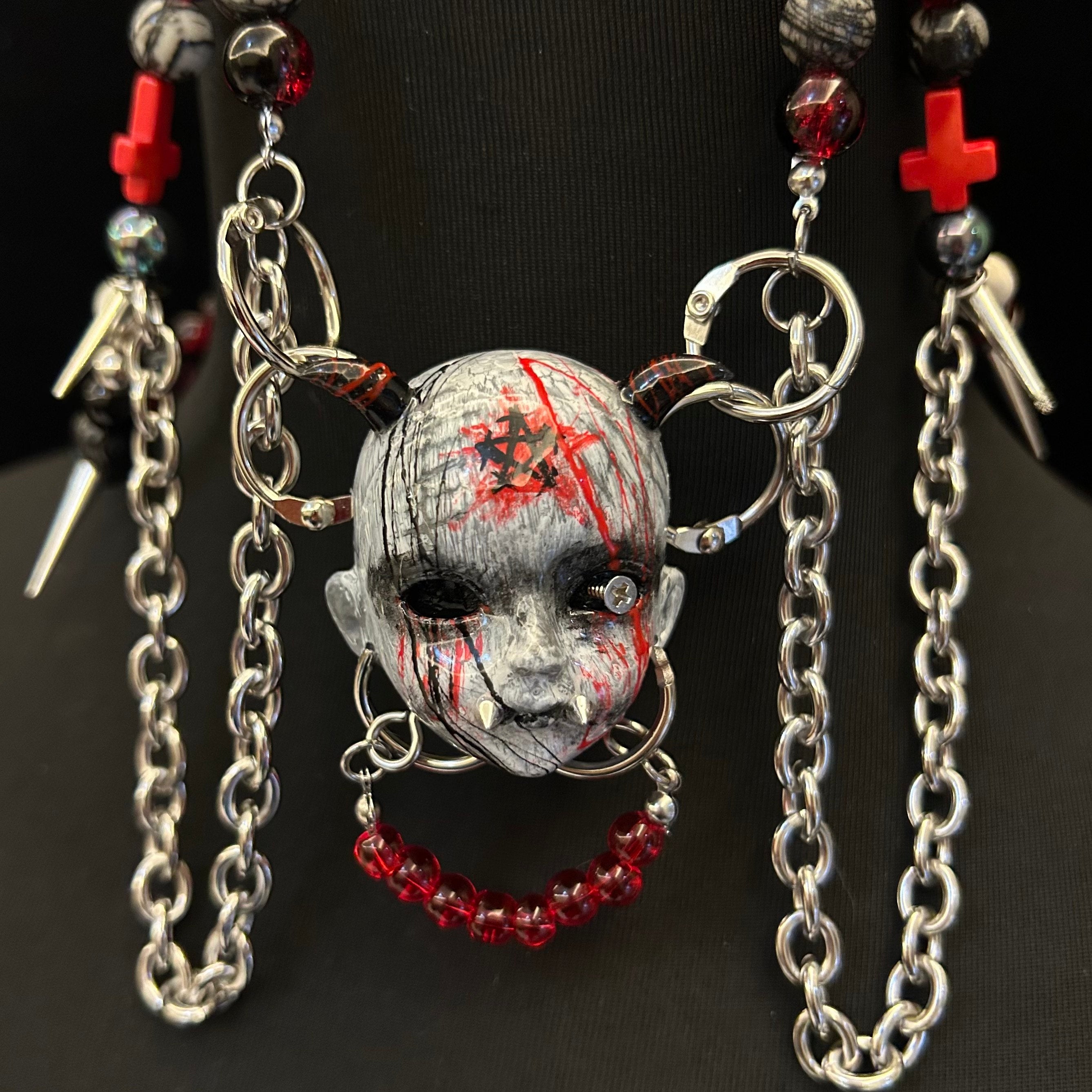 Occult Vampire Demon Doll Face Necklace - Bloody Pentagram, Fangs & Heavy Chains With Chocker