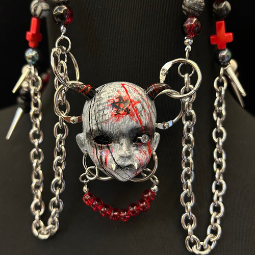 Occult Vampire Demon Doll Face Necklace - Bloody Pentagram, Fangs & Heavy Chains With... - Crux Jewelry product image 1