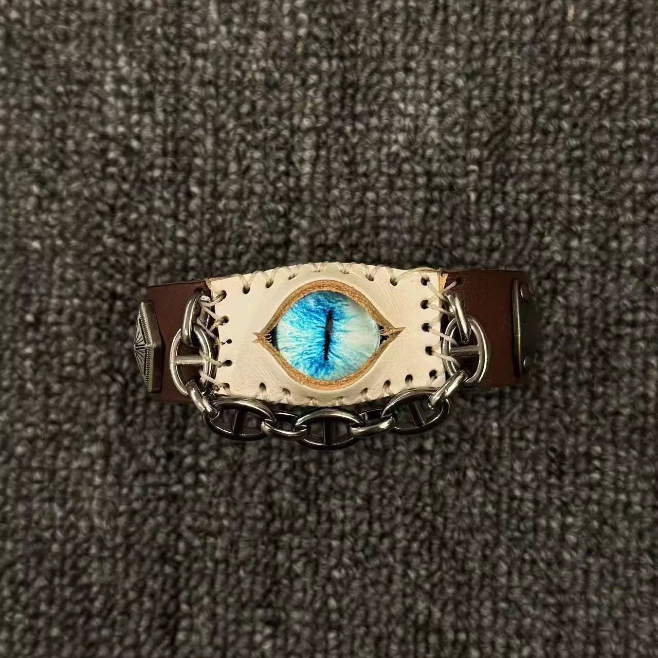 Desert Tan Suede Dragon Eye Bracelet - Spiked Chain Cuff - Yellow Reptile Eye Wristband - Wasteland Aesthetic