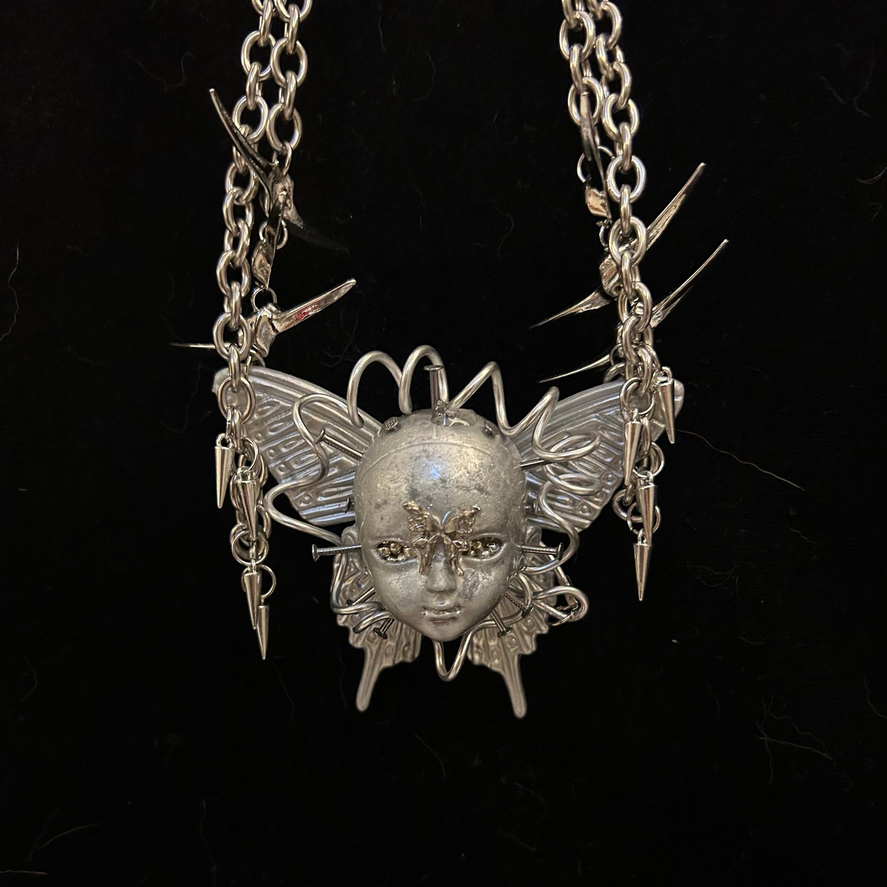 Cyberpunk Silver Metallic Butterfly Doll Face Necklace - Wire Wrapped & Spiked Chains