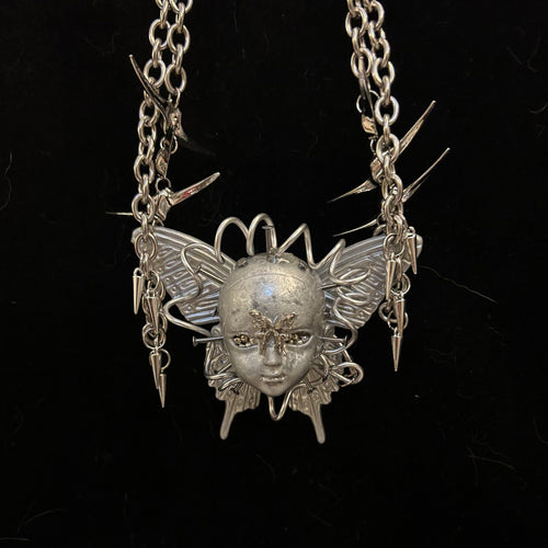 Cyberpunk Silver Metallic Butterfly Doll Face Necklace - Wire Wrapped & Spiked Chains - Crux Jewelry product image 1