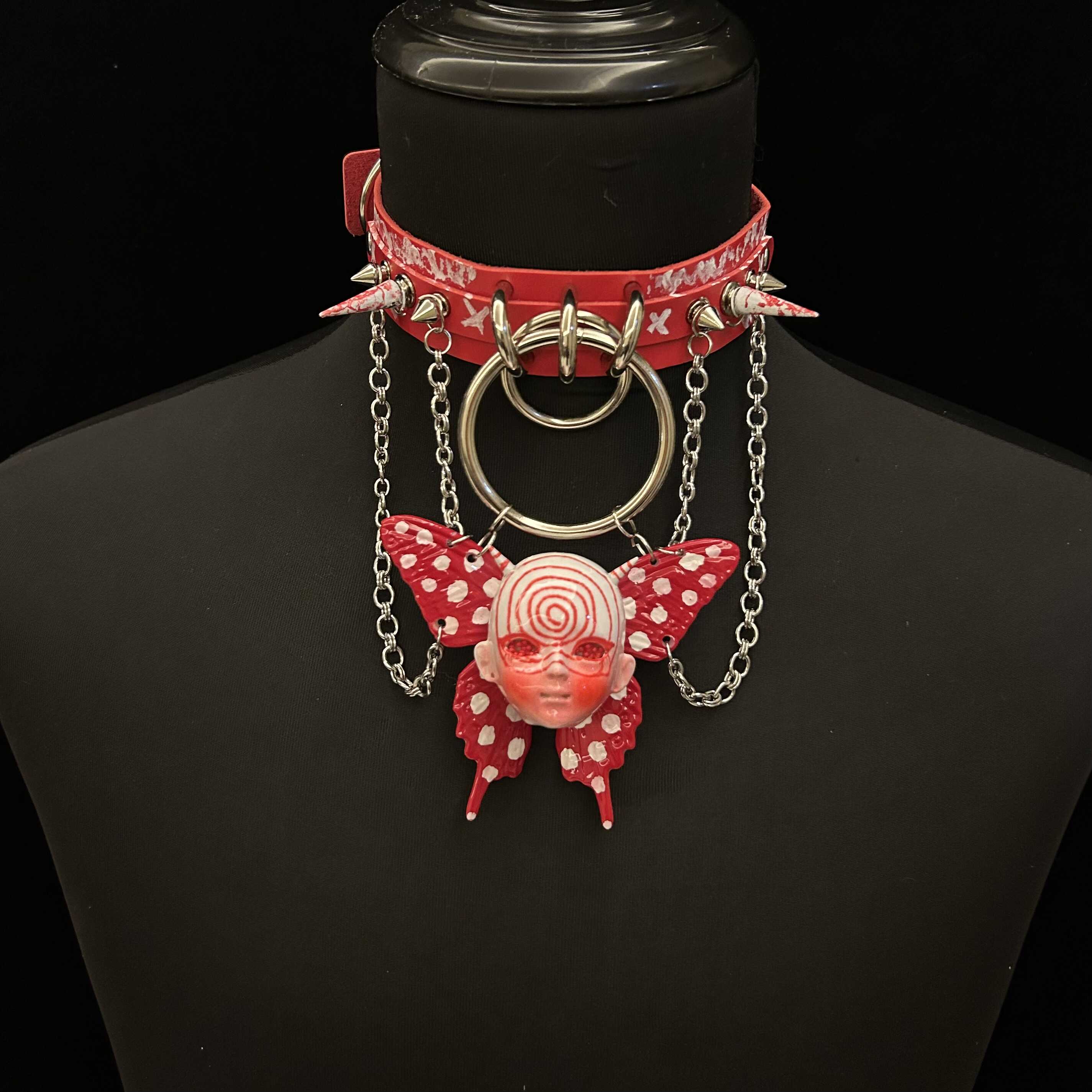 Red Graffiti Leather Spiked Choker with Spiral Doll Face & Spotted Butterfly Wings