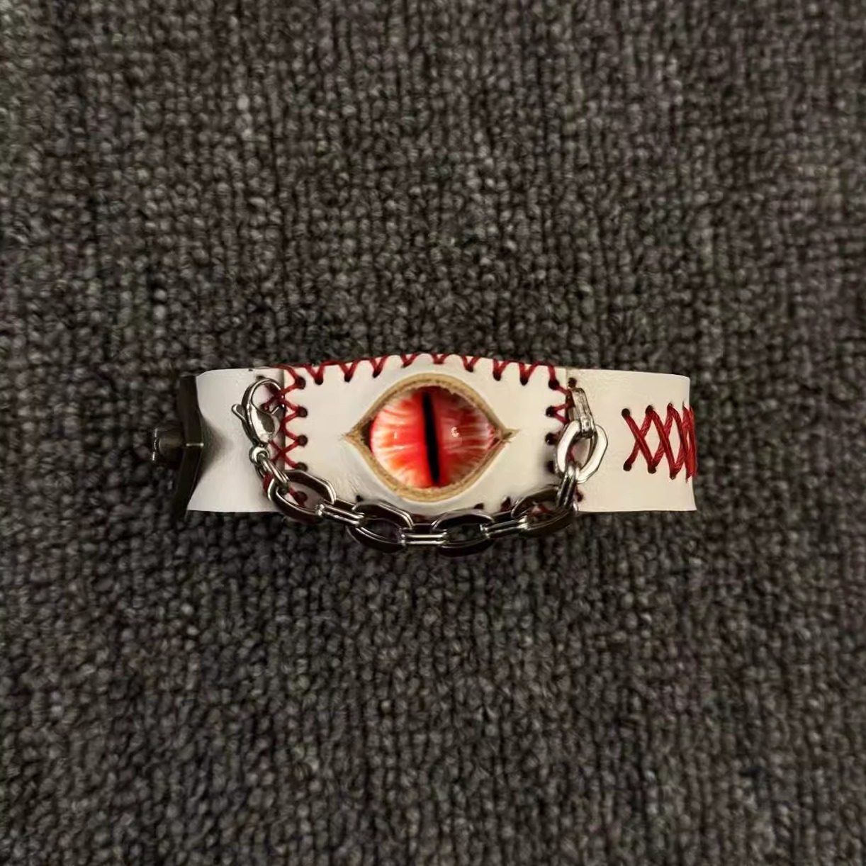 White Leather Stitched Evil Eye Bracelet - Medical Horror Aesthetic Cuff - Voodoo Doll Style Wristband