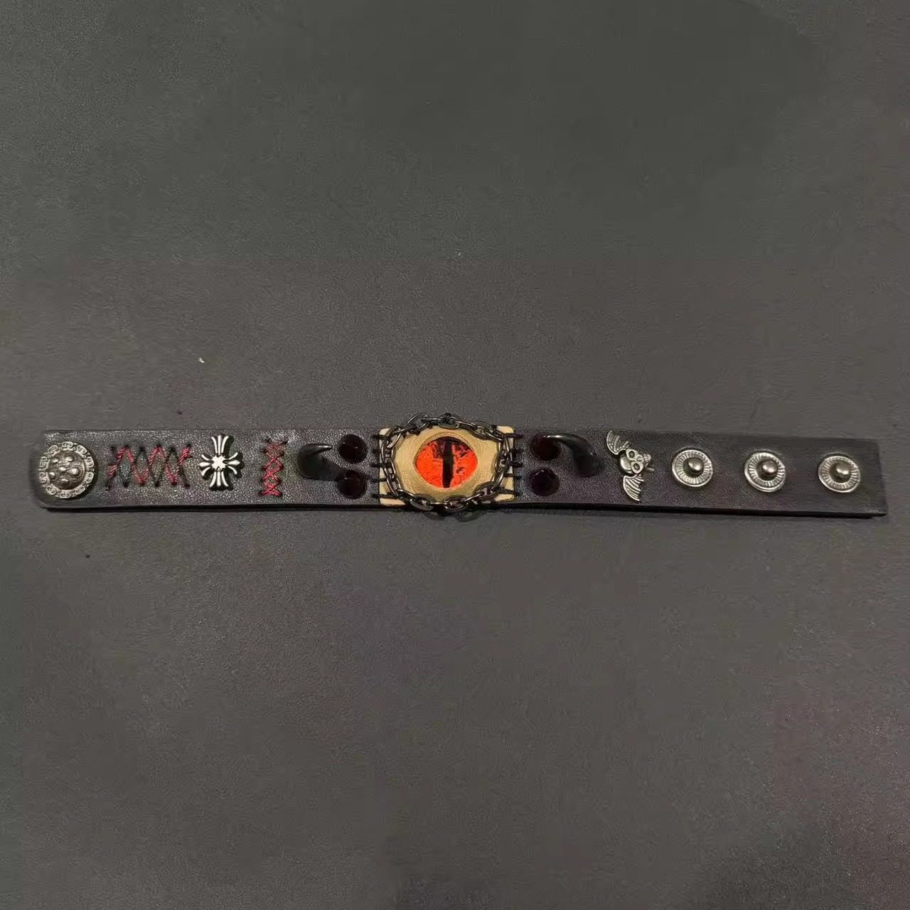 Gothic Dragon Eye Leather Bracelet - Spiked Punk Wristband - Realistic Demon Eyeball Cuff