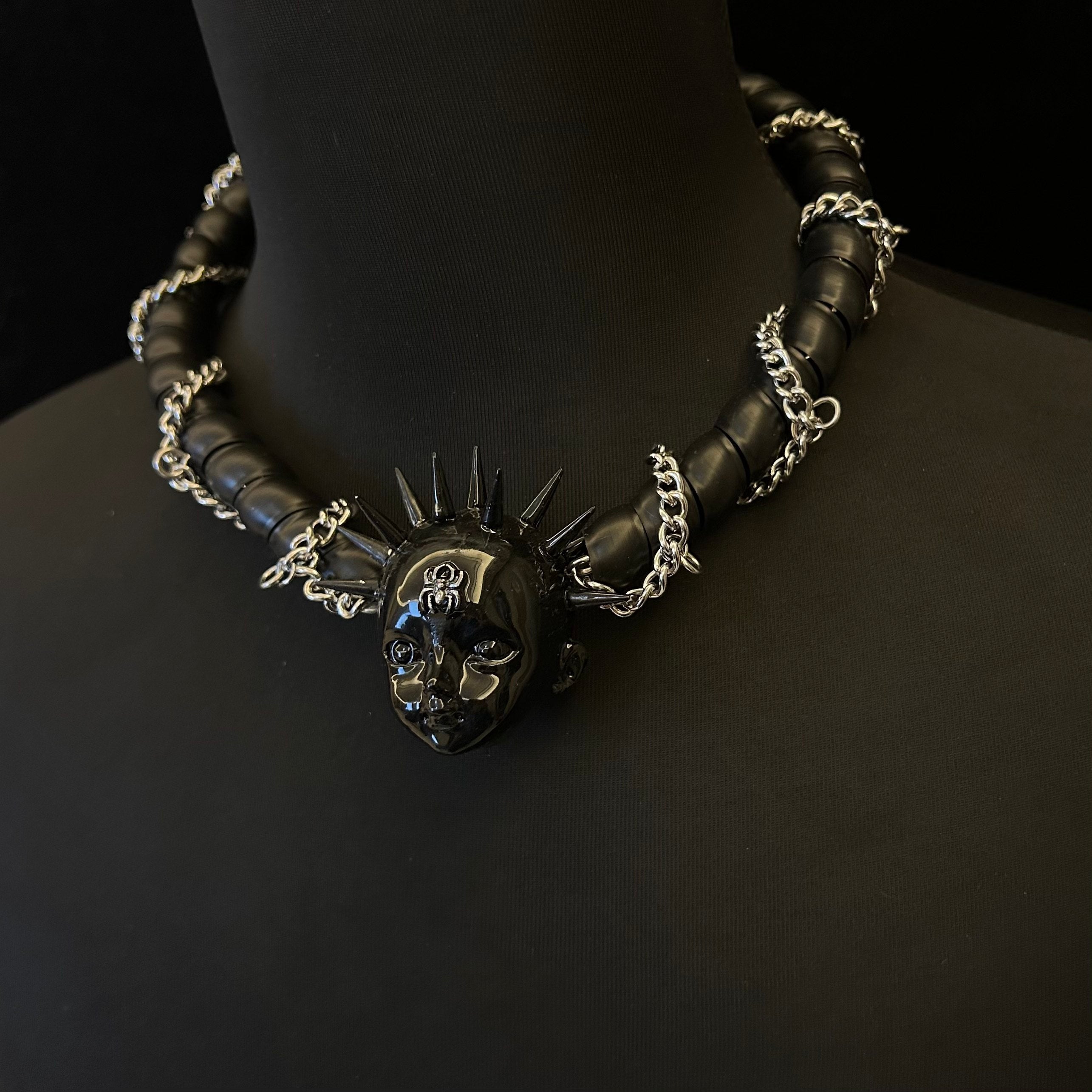 Black Glossy Spiked Doll Face Choker with Spider Emblem - Chunky Twisted Cord & Chain Necklace