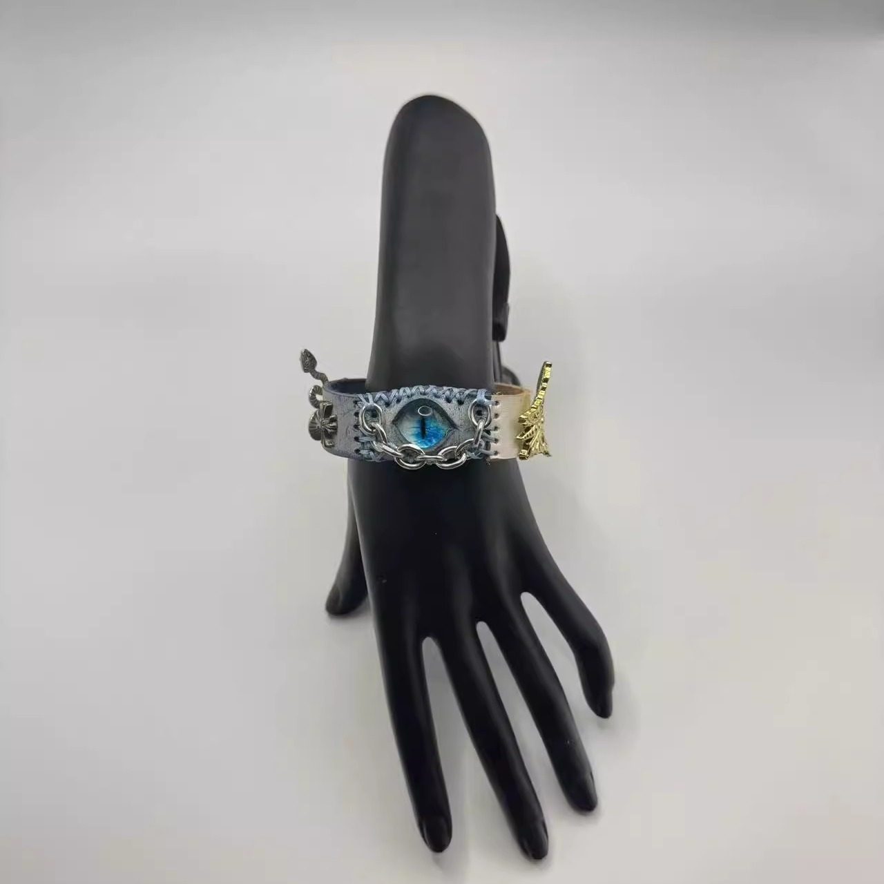 Gothic Mystic Eye Leather Bracelet - Dragon, Snake & Moth Series - Spiked Fantasy Wristband Cuff