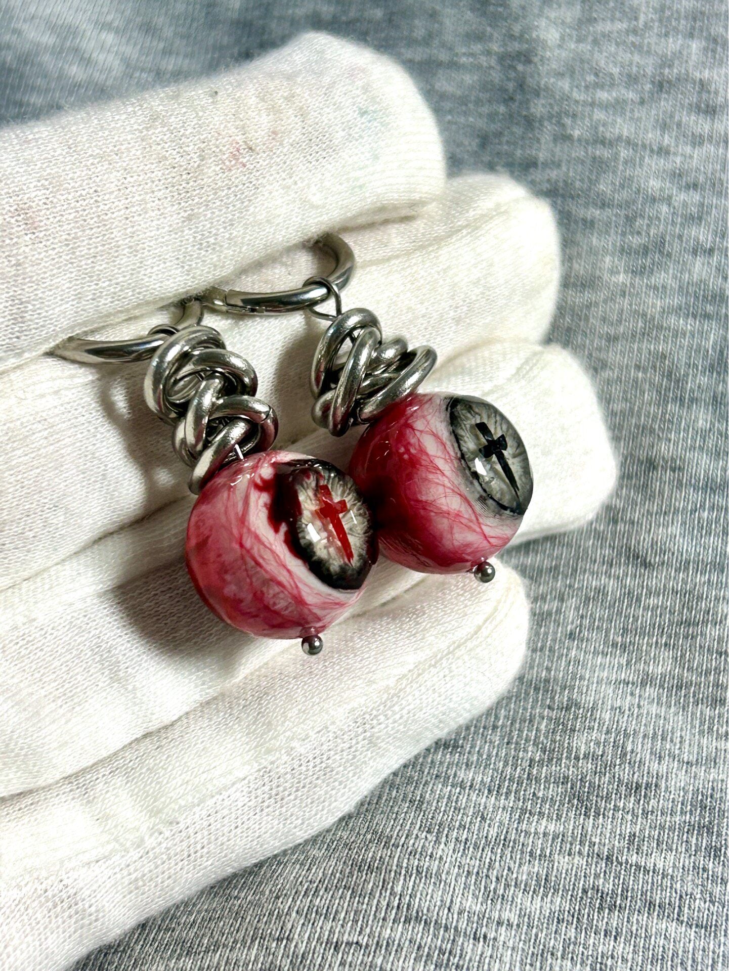 Sacred Torment | Heavy Chain Bloodshot Cross Eyeball Earrings