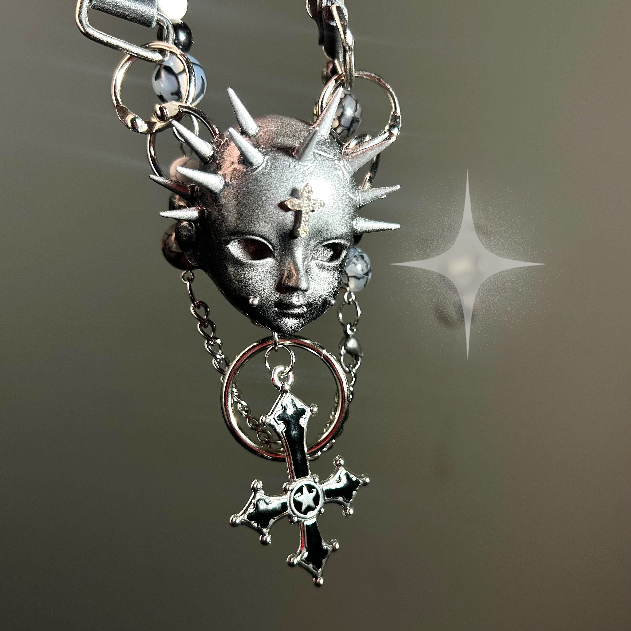 Silver Spiked Doll Face Necklace - Layered Beaded Chain & Inverted Cross Pendant