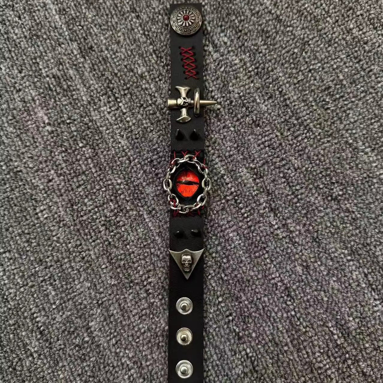 Gothic Black Leather Stitched Bracelet - Red Dragon Eye Cuff with Skull & Cross - Dark Punk Rock Wristband