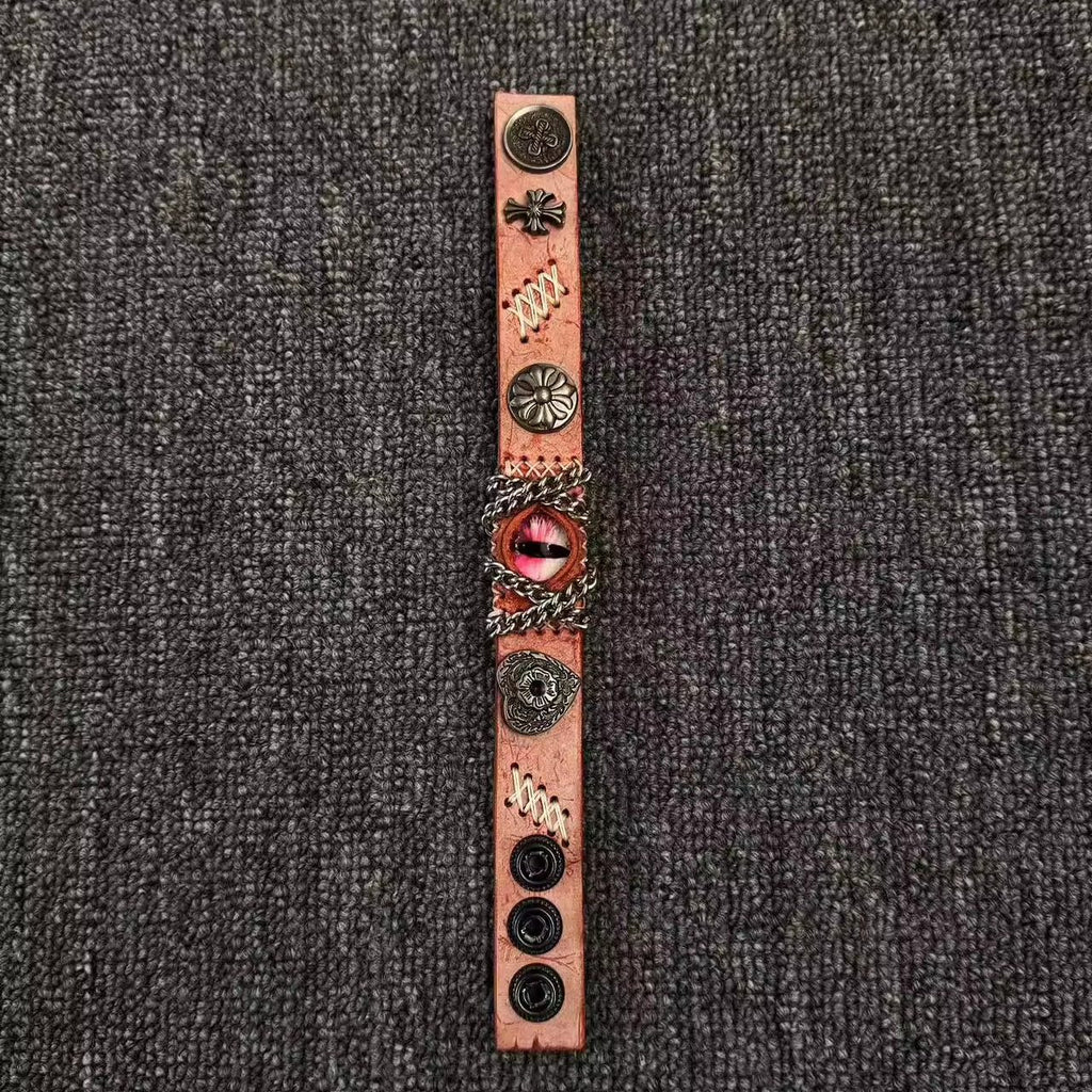 Gothic Black Leather Dragon Eye Bracelet - Large Spiked Demon Cuff - Dark Metal Chain Wristband