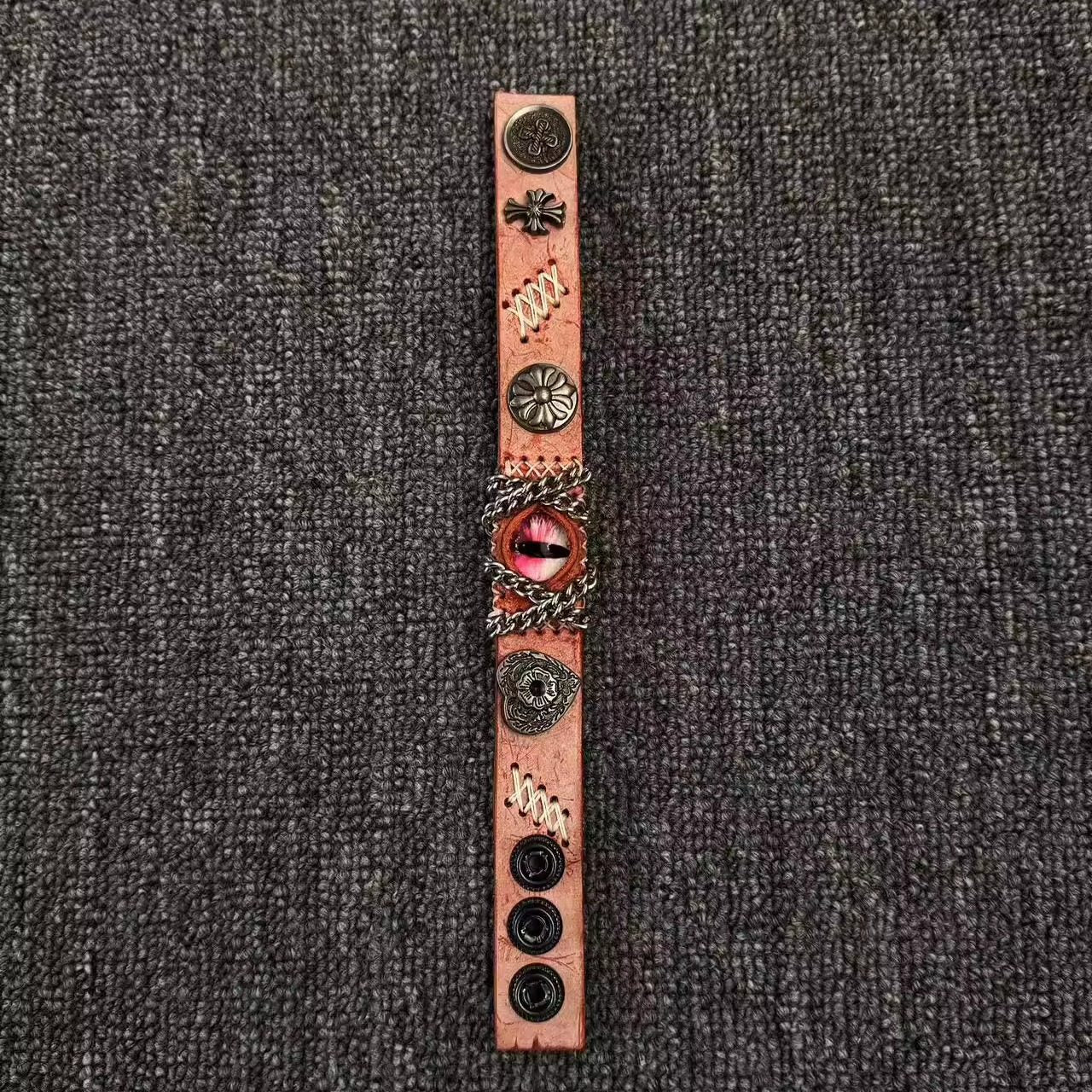 Gothic Black Leather Dragon Eye Bracelet - Large Spiked Demon Cuff - Dark Metal Chain Wristband