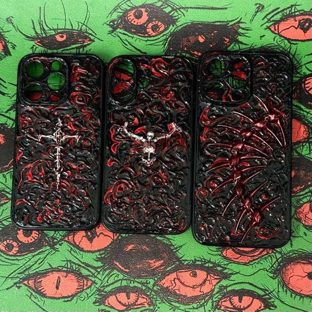 "Gothic Relics" 3D Embossed Phone Case | Bloody Cross, Fallen Angel & Spine Ribcage Art