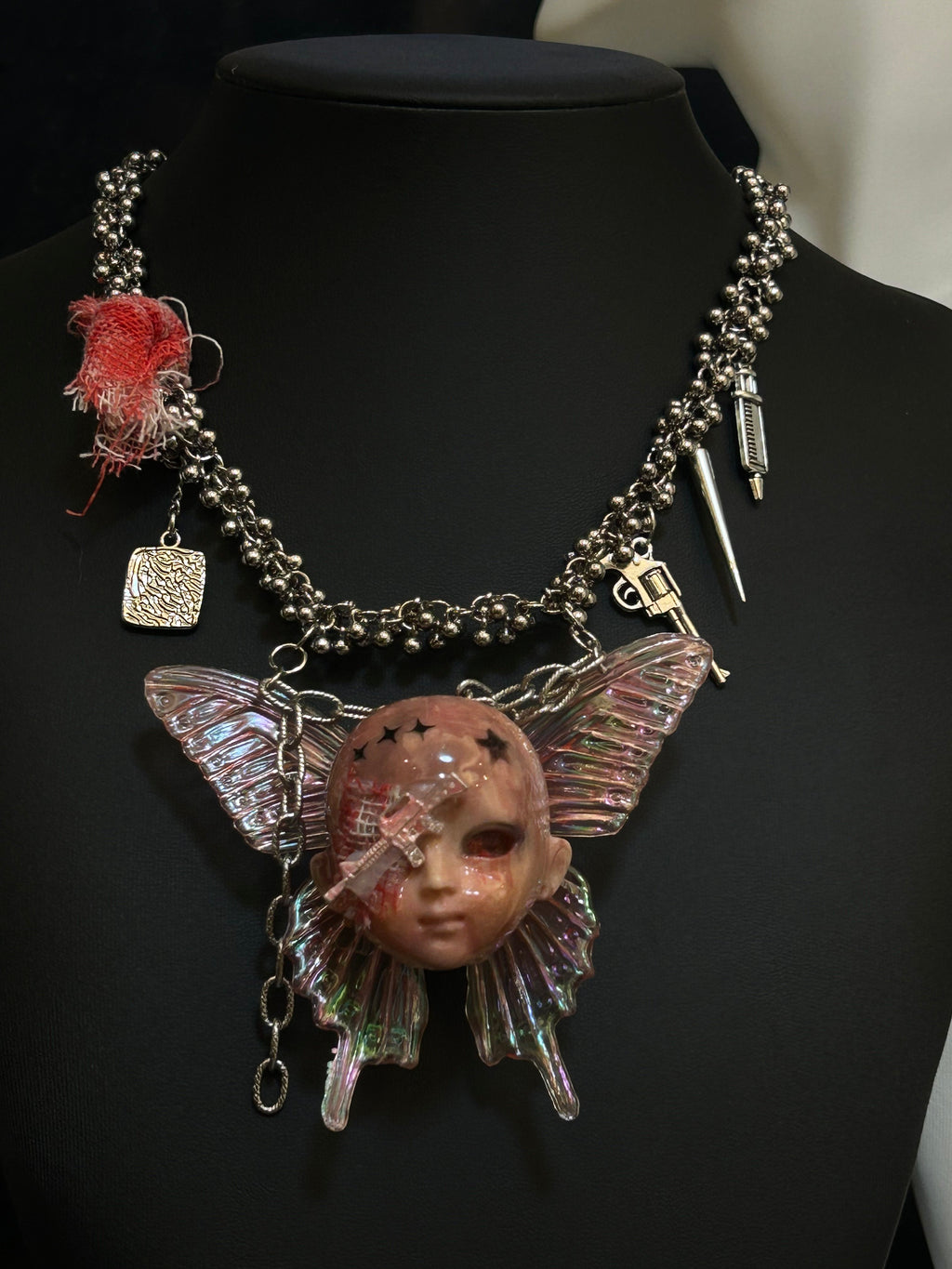 Holographic Pink Butterfly Injured Doll Necklace - Syringe & Revolver Charms