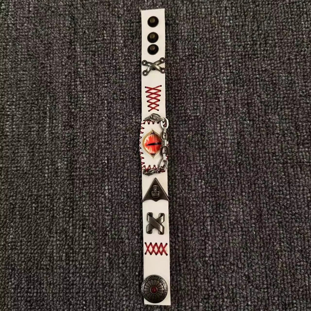 White Leather Stitched Evil Eye Bracelet - Medical Horror Aesthetic Cuff - Voodoo Doll Style Wristband