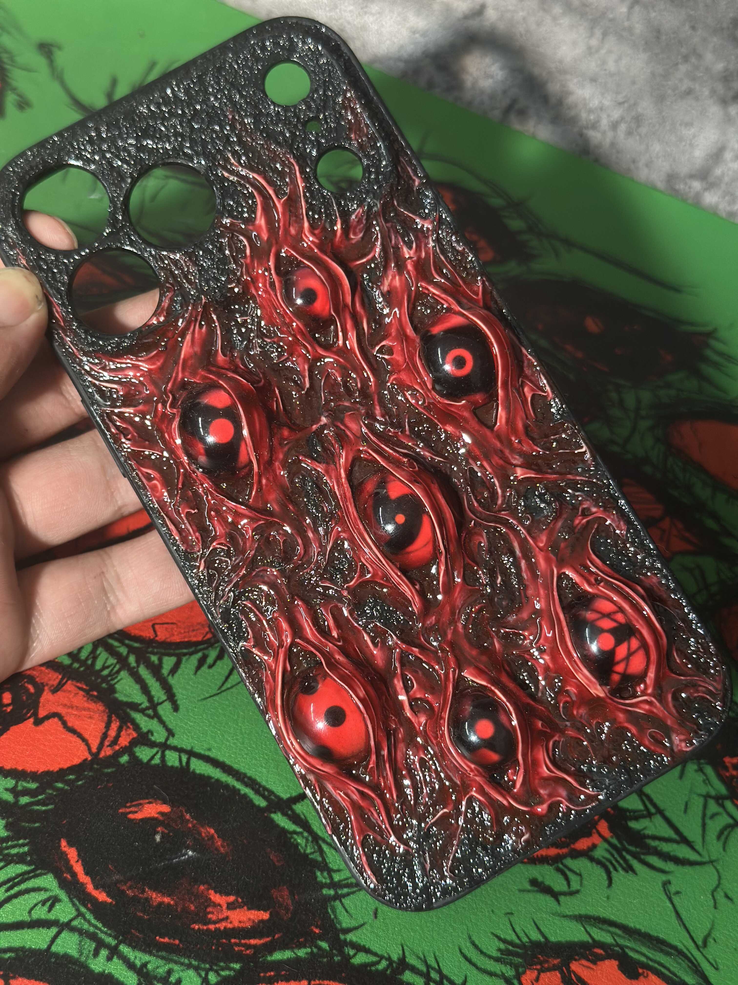 Uchiha Nightmare: Handmade Red Flesh Case with Multiple Sharingan Eyes (3D Texture)