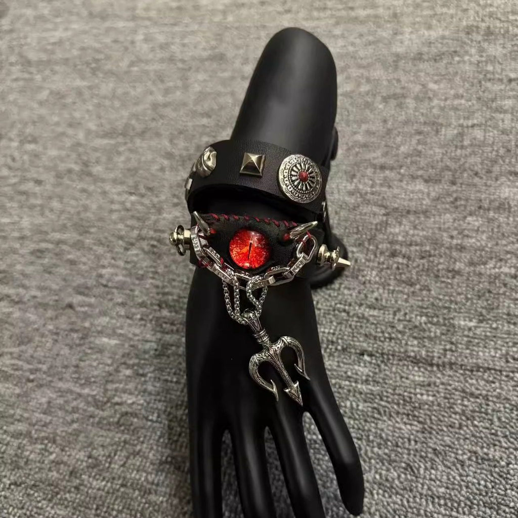 2-in-1 Gothic Black Leather Choker & Wrap Bracelet - Red Dragon Eye Necklace - Silver Trident Charm - Devil Pitchfork Jewelry