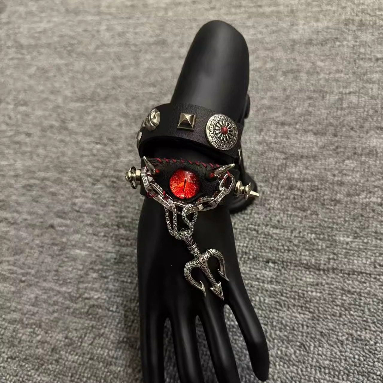 2-in-1 Gothic Black Leather Choker & Wrap Bracelet - Red Dragon Eye Necklace - Silver Trident Charm - Devil Pitchfork Jewelry