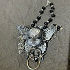 Silver Metallic Butterfly Doll Face Necklace with Rhinestone Heart & Winged Skull Charm