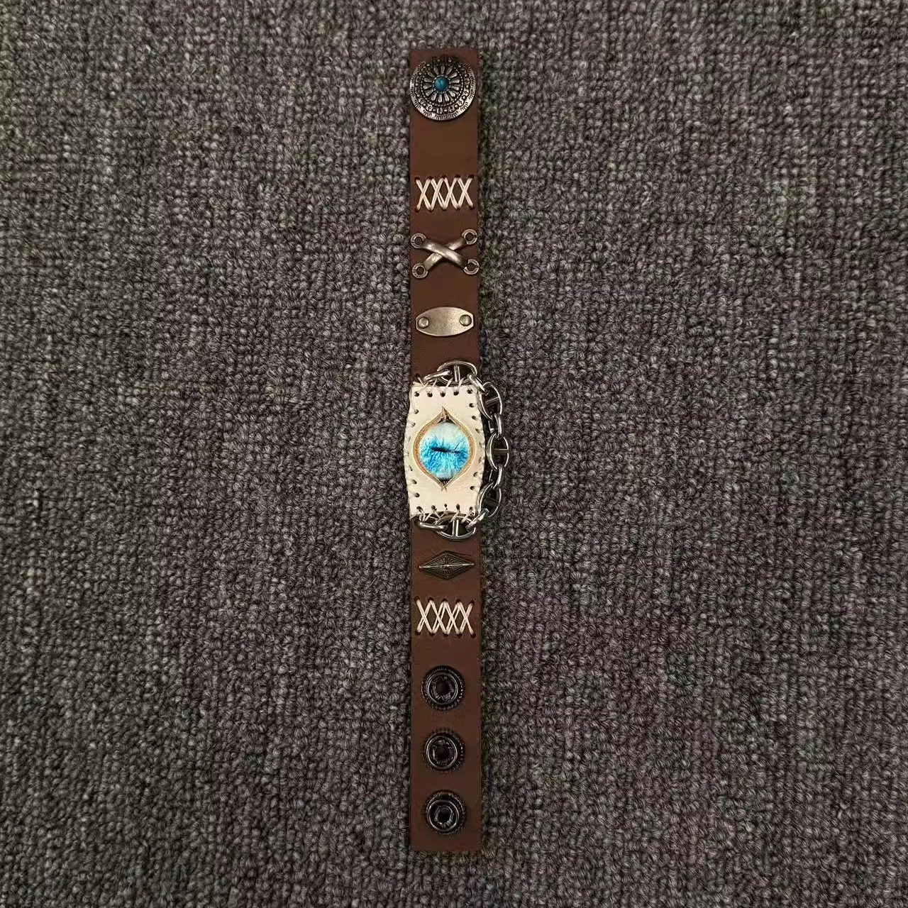 Desert Tan Suede Dragon Eye Bracelet - Spiked Chain Cuff - Yellow Reptile Eye Wristband - Wasteland Aesthetic