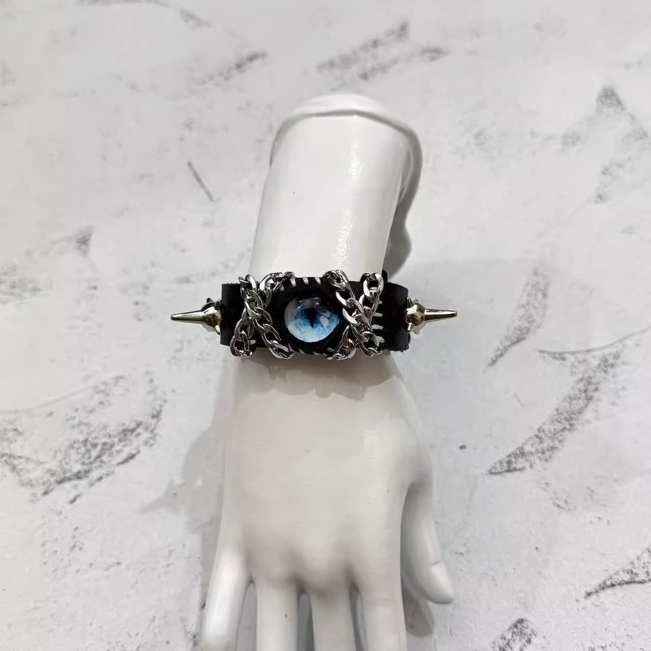 Gothic Black Leather Blue Dragon Eye Bracelet - Spiked Chain Cuff - Electric Blue Pupil Wristband - Cyberpunk Aesthetic
