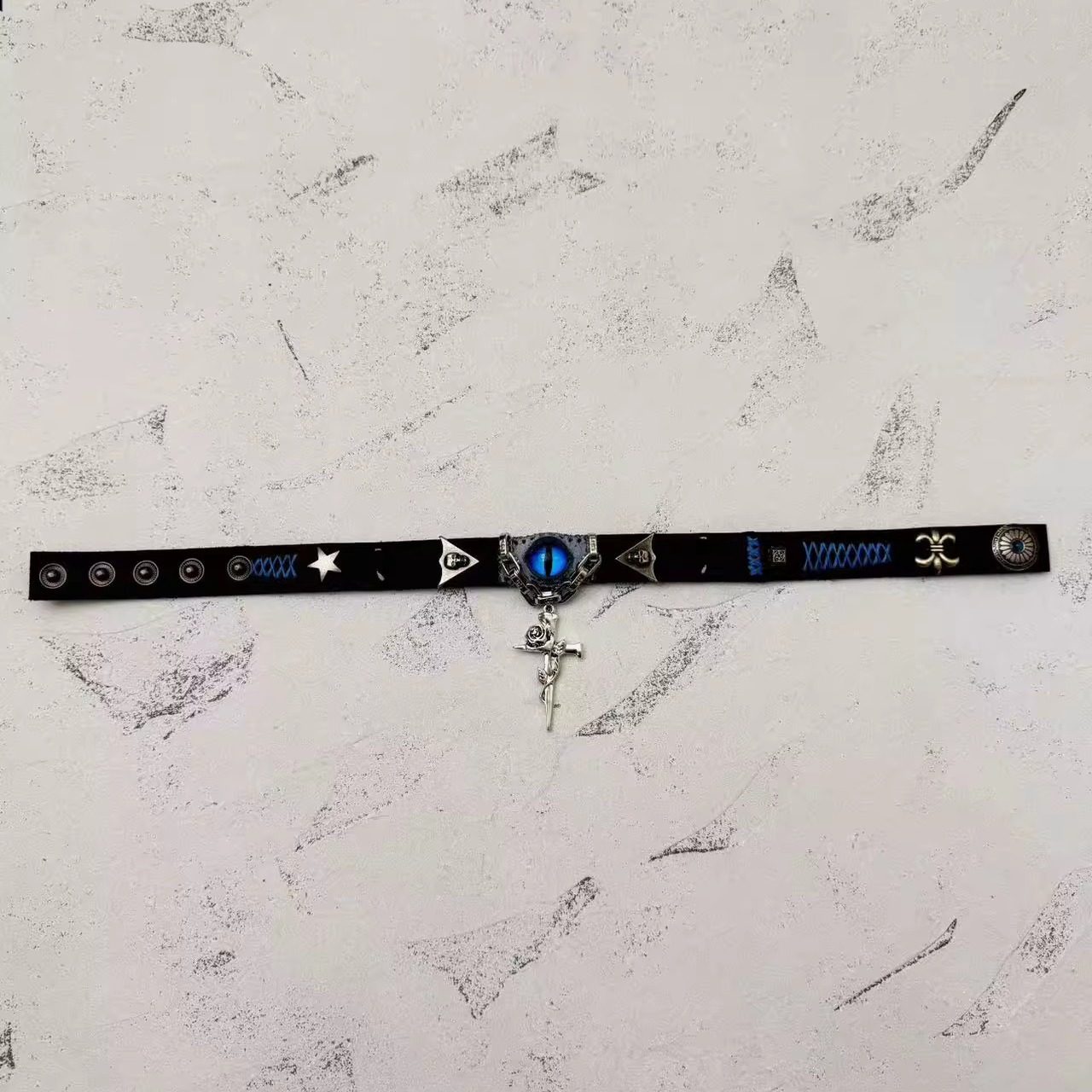 2-in-1 Gothic Black Leather Choker & Wrap Bracelet - Blue Dragon Eye Necklace - Silver Gun & Rose Charm - Punk Rock Jewelry