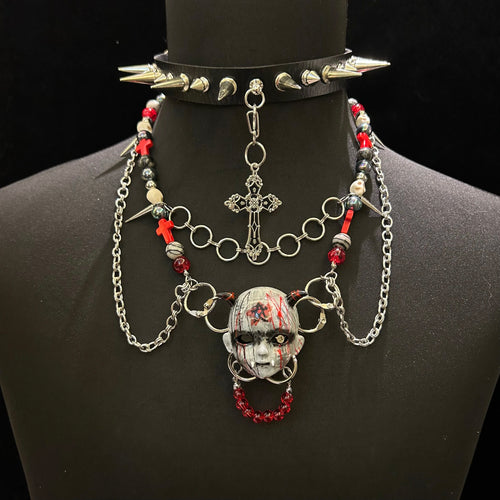 Occult Vampire Demon Doll Face Necklace - Bloody Pentagram, Fangs & Heavy Chains With... - Crux Jewelry product image 2