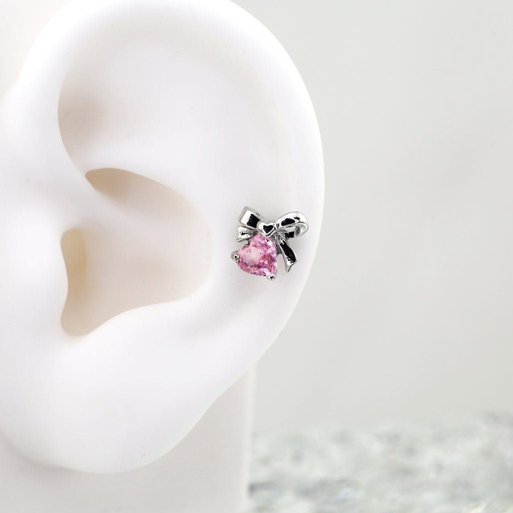 Pair of Internally Threaded Titanium Heart Bow Labrets | Cute Pink CZ Flat Back Studs for Helix & Lip