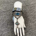 2-in-1 Vintage Blue Leather Choker & Wrap Bracelet - Blue Dragon Eye Cross Necklace - Fleur-de-lis Charm - Medieval Style